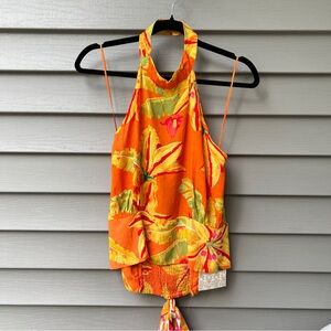 Haute Hippie Boho Crop Top Orange Tropical Halter Neck Women’s Size L